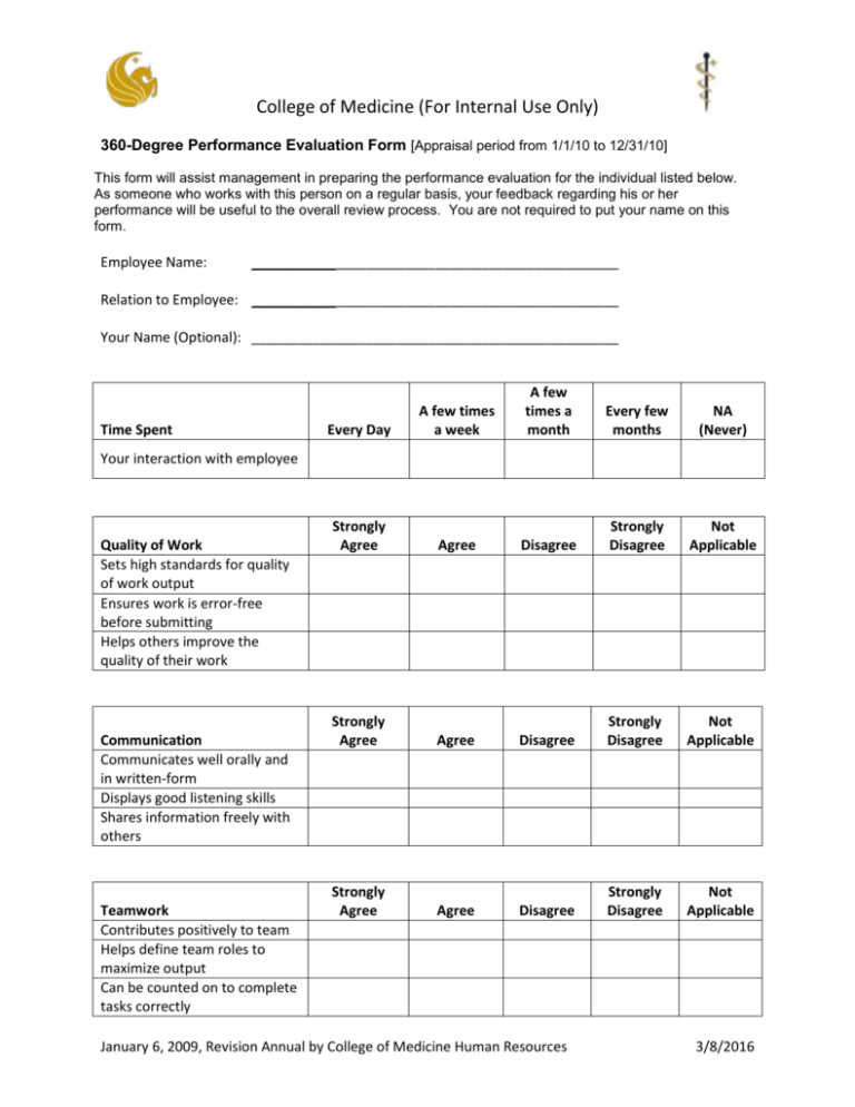 360 Degree Performance Evaluation Form Appraisal Period From 1