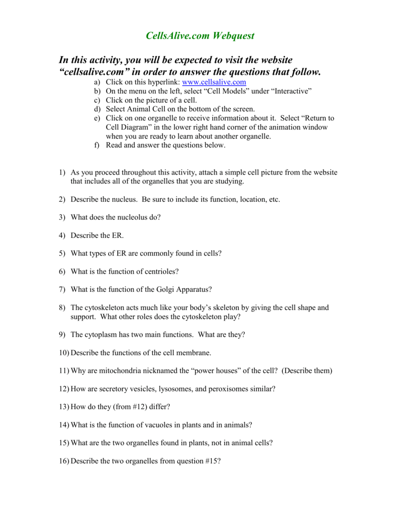 cells alive webquest With Cells Alive Worksheet Answer Key