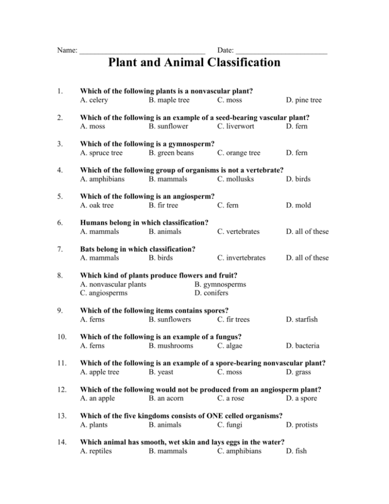 Plant and animal classification quiz