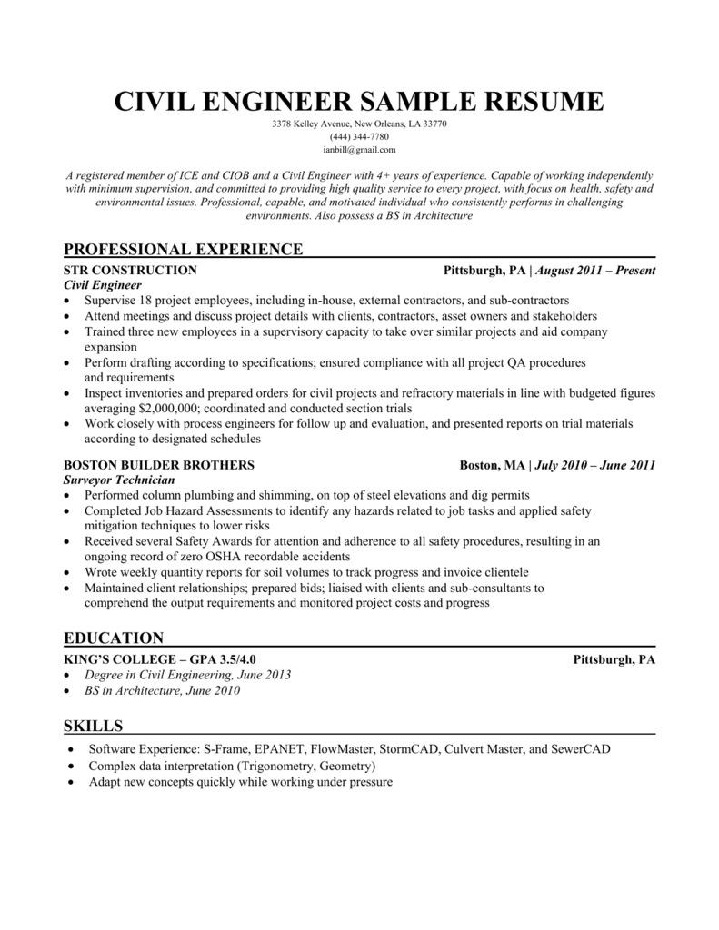 resume format in word for civil engineer experienced