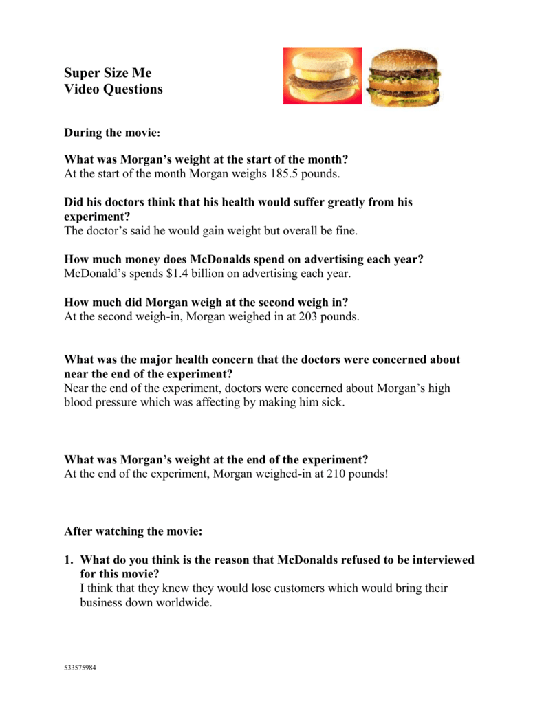 Super Size Me Inside Super Size Me Video Worksheet