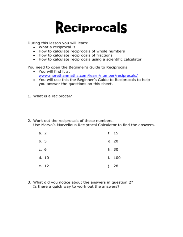 Reciprocals worksheet
