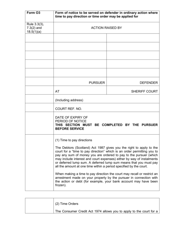Form O3 Scottish Courts