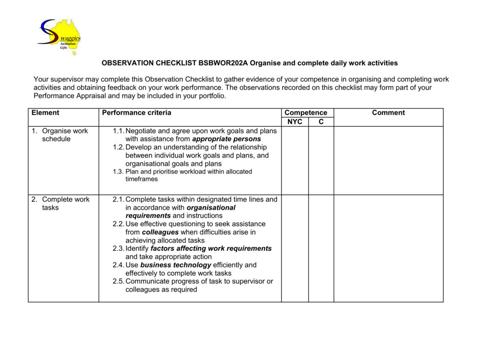 BSBWOR202A Organise and complete daily work activities