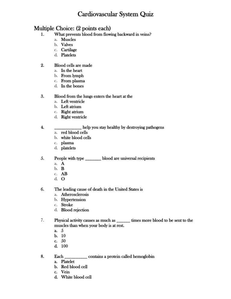 Cardiovascular System Quiz