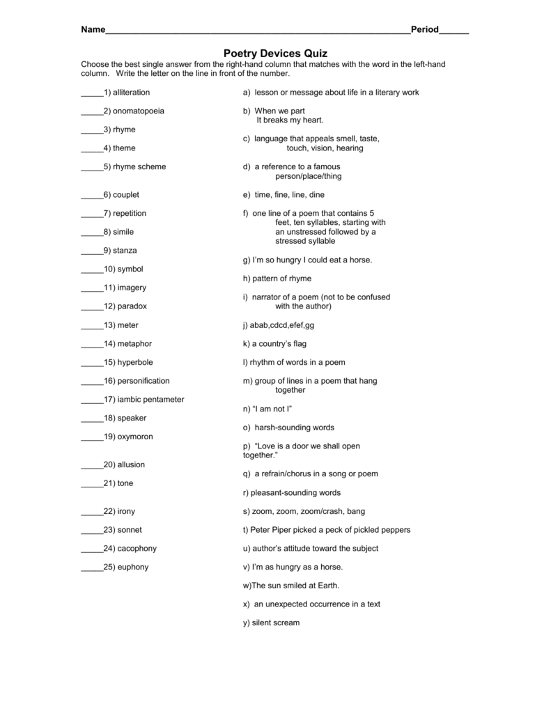 Introduction To Poetry 20th Grade Edition (English) - Lessons With Poetic Devices Worksheet 1
