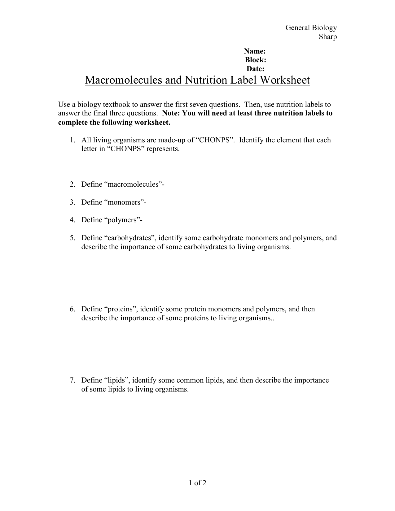 macromolecules-and-nutrition-label-chemistry Within Nutrition Label Worksheet Answer