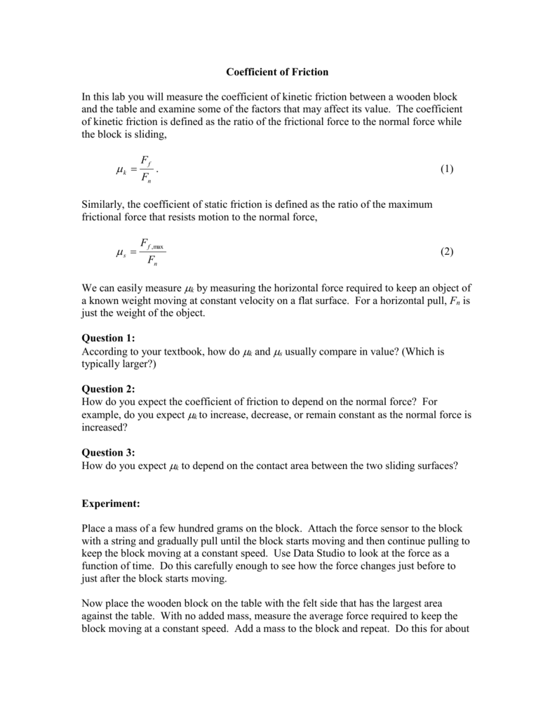 Coefficient of friction lab. With Coefficient Of Friction Worksheet Answers