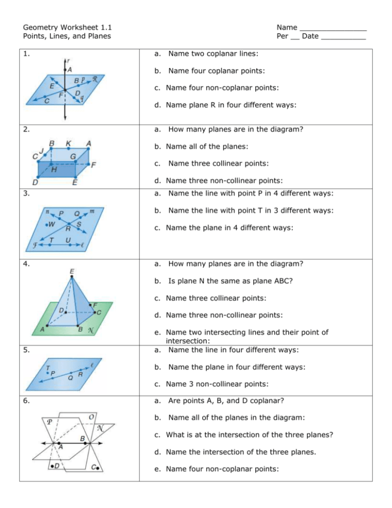 Geometry Worksheet 1 1 Points Lines And Planes Answers