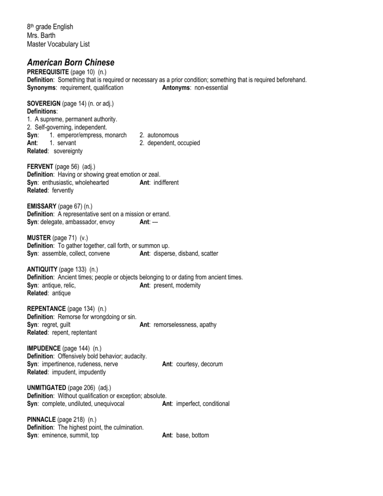 American Born Chinese Prerequisite Page 10 N Definition