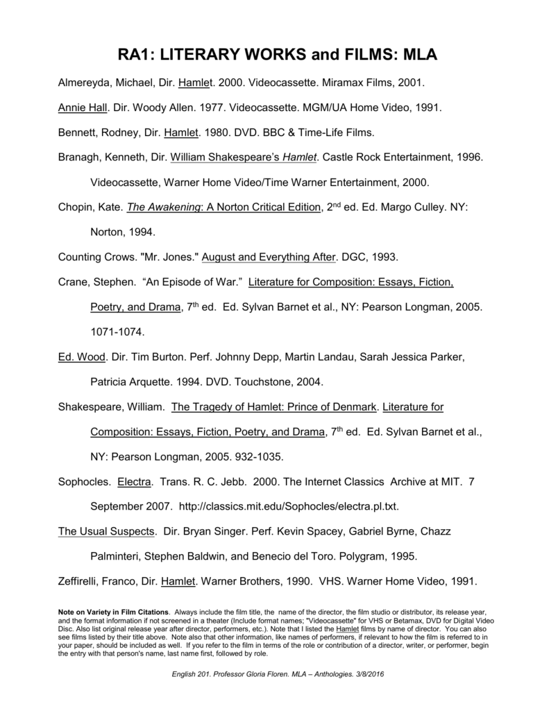 Samples Showing Mla Format For Play Film Song And Story