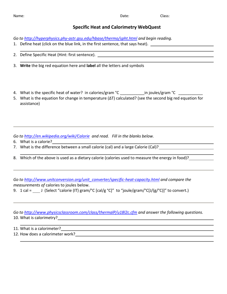 Specific Heat And Calorimetry Worksheet Answer Key