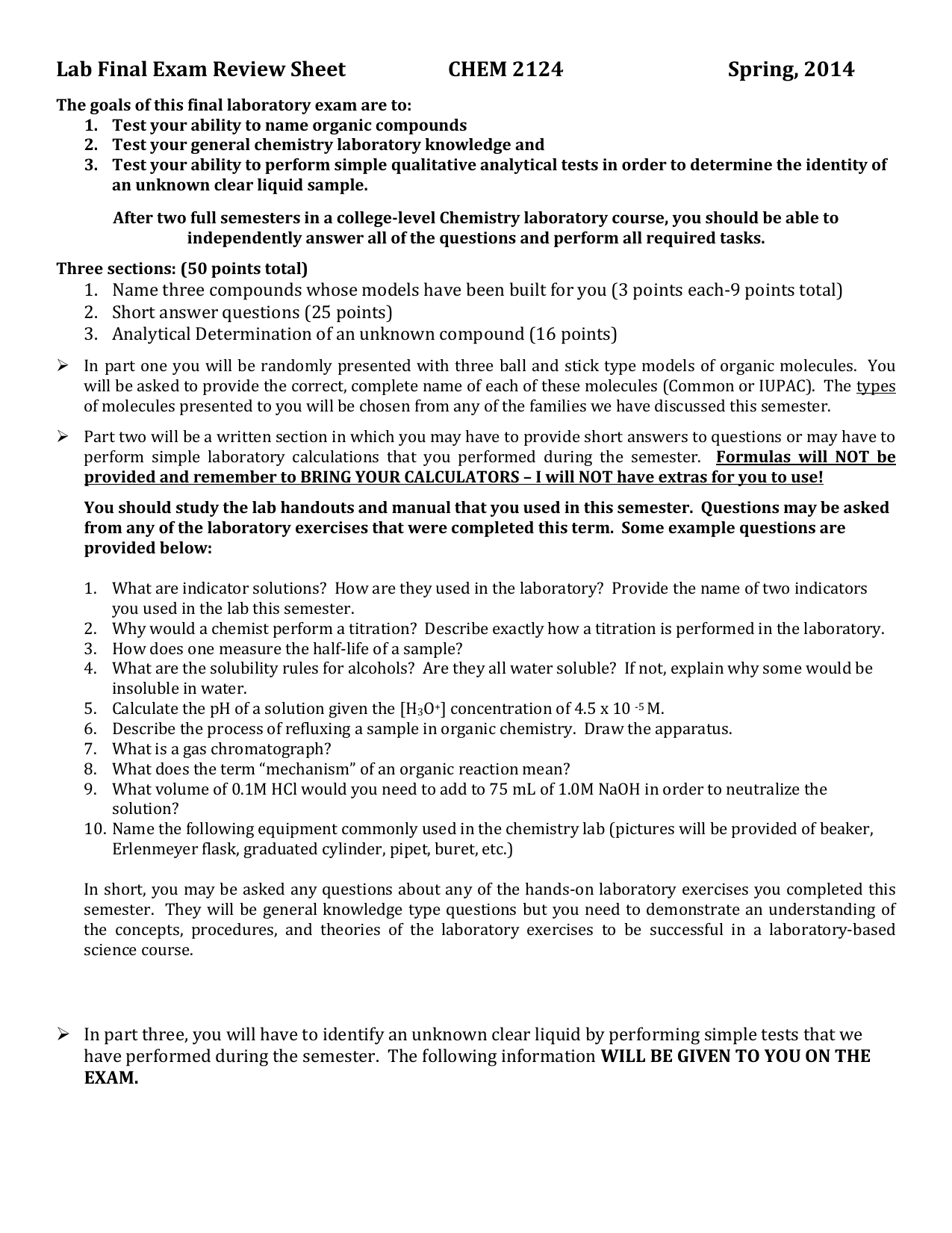 Lab Final Exam Review Sheet CHEM 2124 Spring, 2014