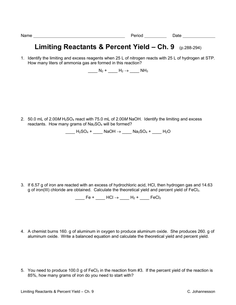 Limiting Reactants Worksheet