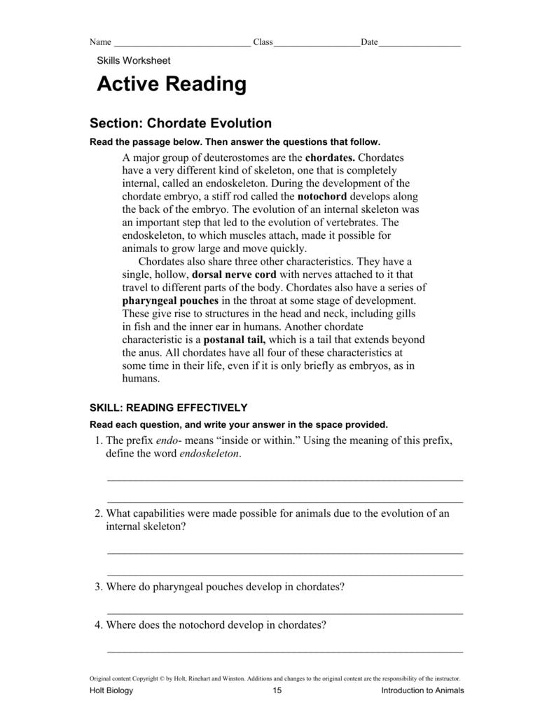 Ch 22 Chordate Evolution Active Reading Within Skills Worksheet Active Reading