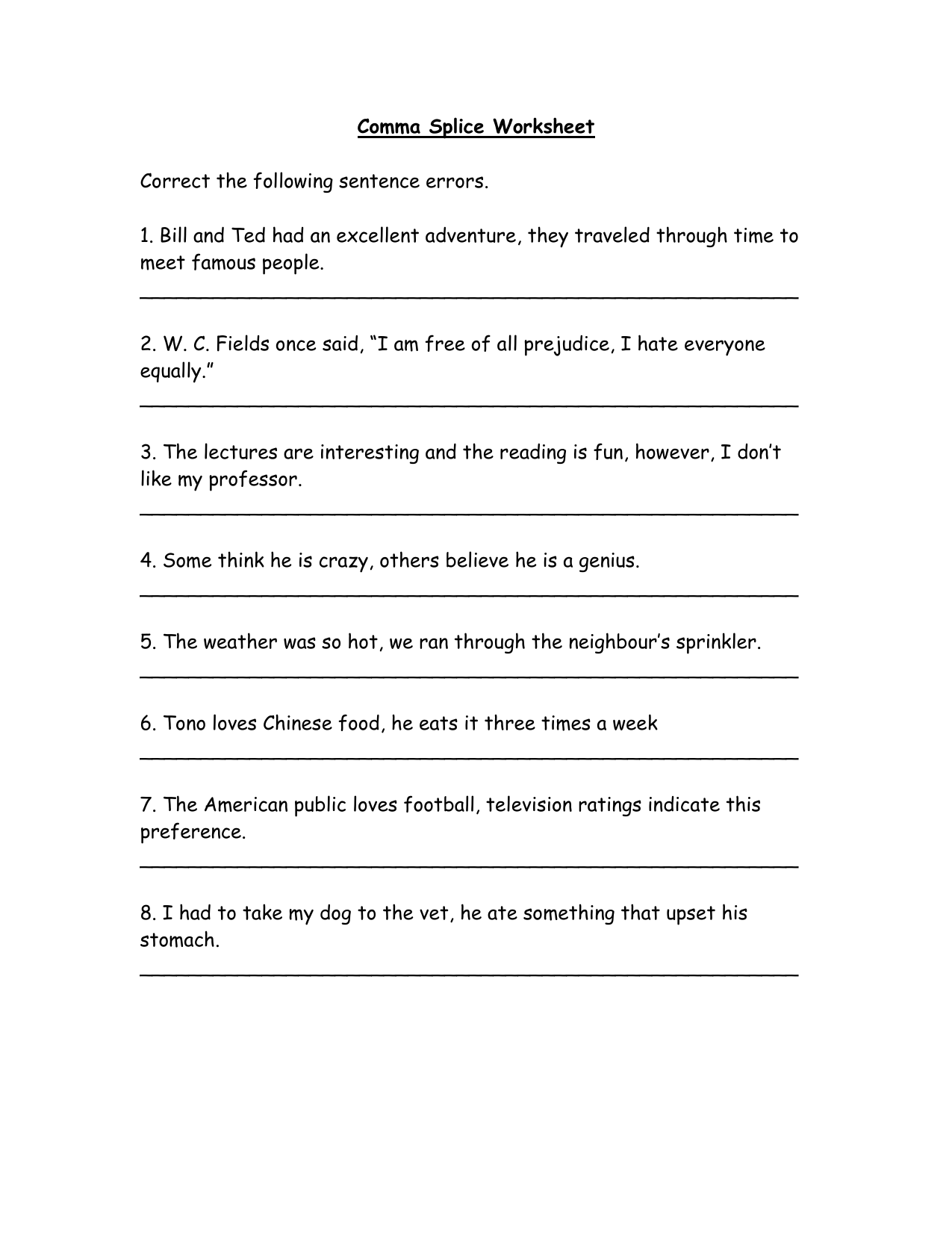 Comma Splice Run On Sentence Worksheet