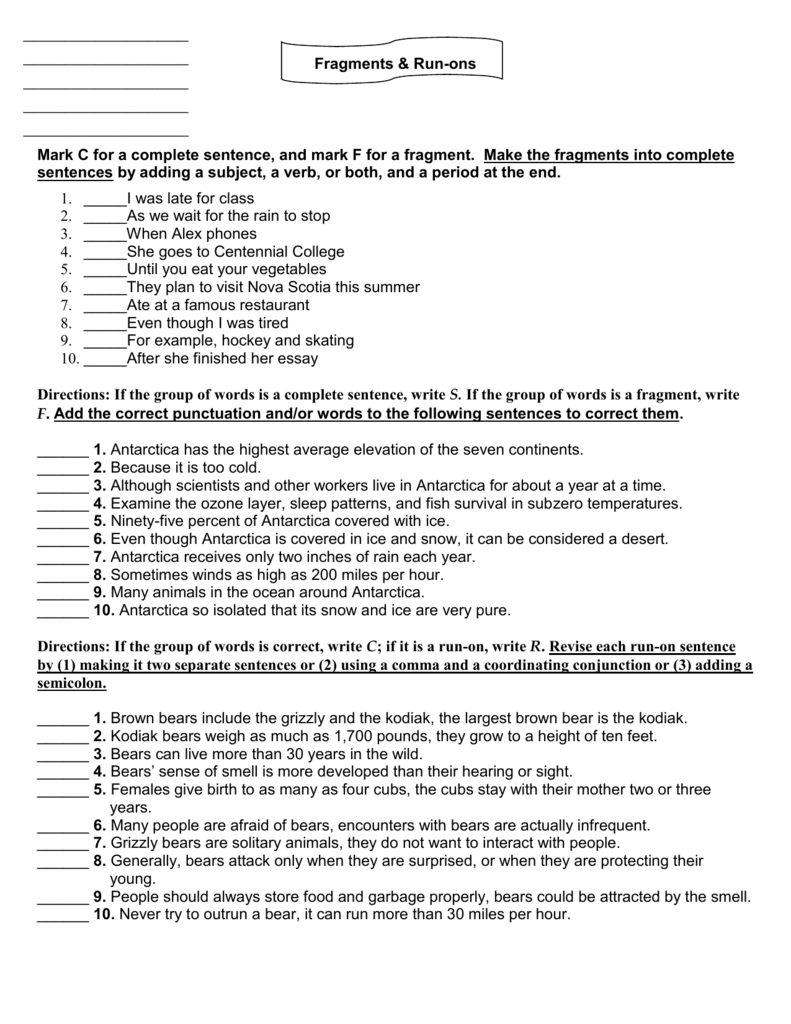 Fragments/Run ons/Comma Splices Worksheet