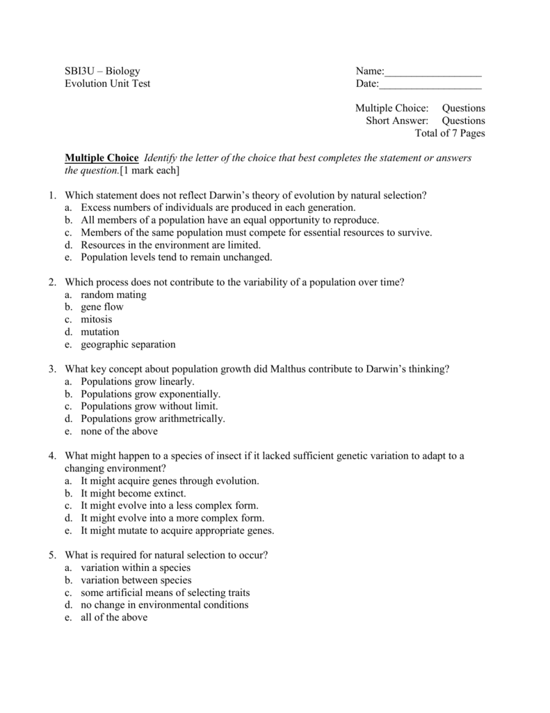 Evolution Unit Test Biology