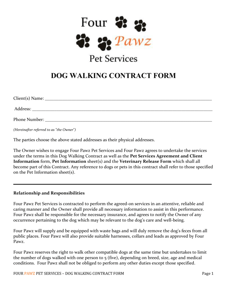 DOG WALKING CONTRACT FORM Client(s) Name