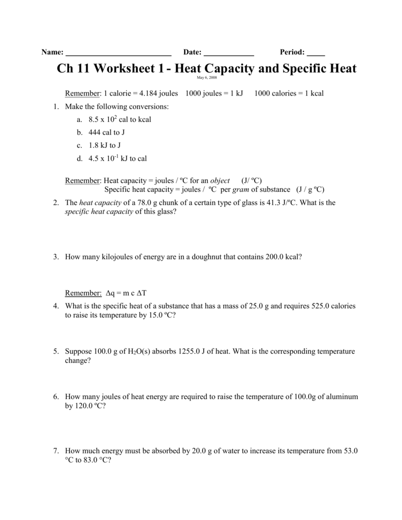 Specific Heat Worksheet Answers 3978