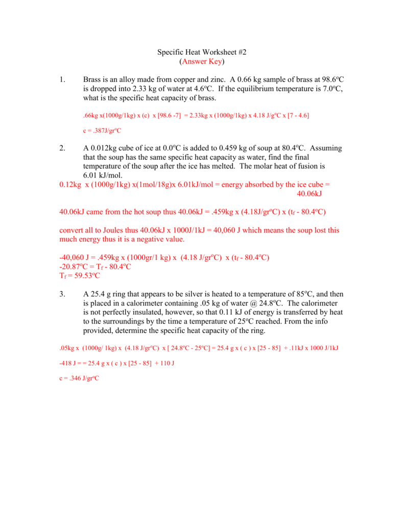 Specific Heat Worksheet 2 Answer Key