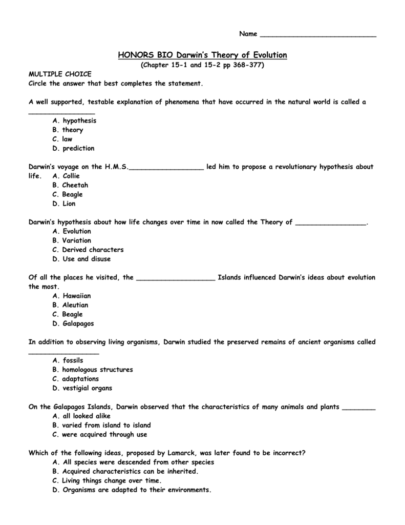 Darwins Theory Of Evolution Worksheet Answers Escolagersonalvesgui