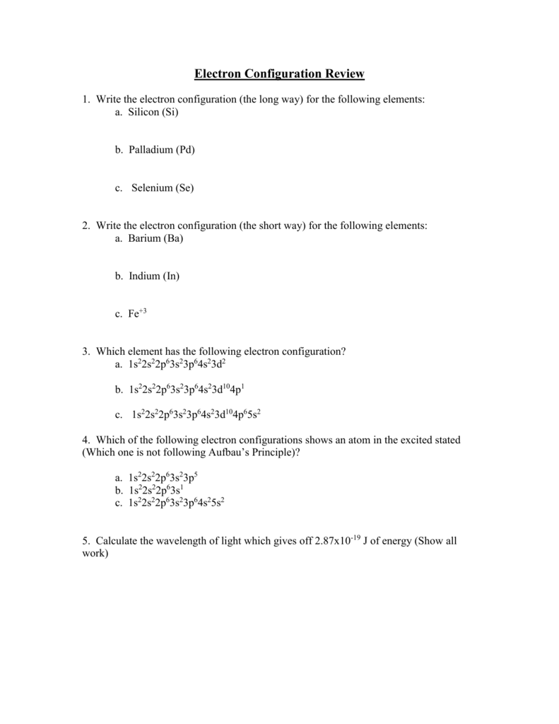 Electron Configuration Review For Electron Configuration Worksheet Answers Key