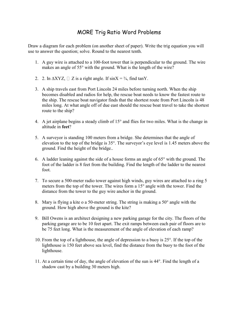 MORE Trig Ratio Word Problems For Trigonometry Word Problems Worksheet