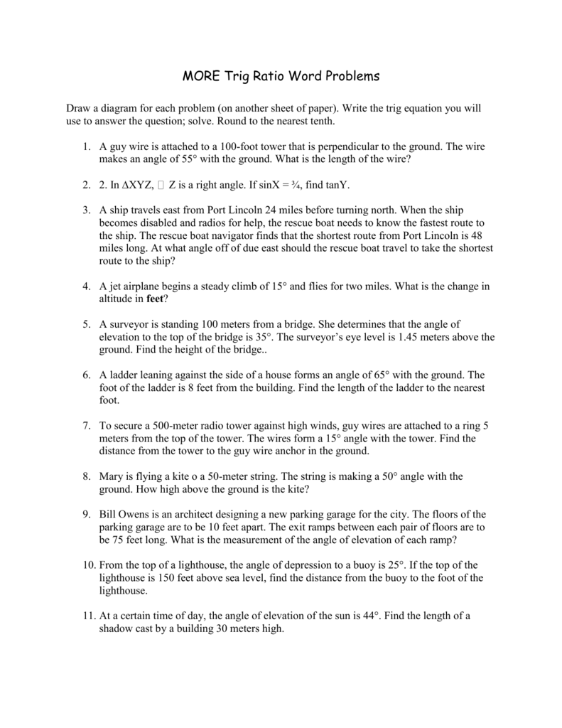 MORE Trig Ratio Word Problems For Trigonometry Word Problems Worksheet Answers