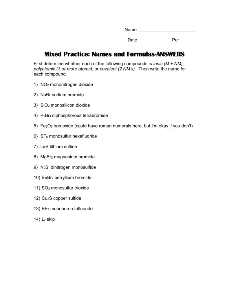 Naming Chemical Compounds Worksheet Throughout Naming Chemical Compounds Worksheet Answers