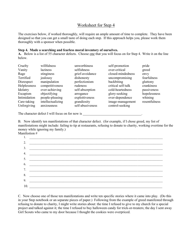 Printable Character Defects Worksheet