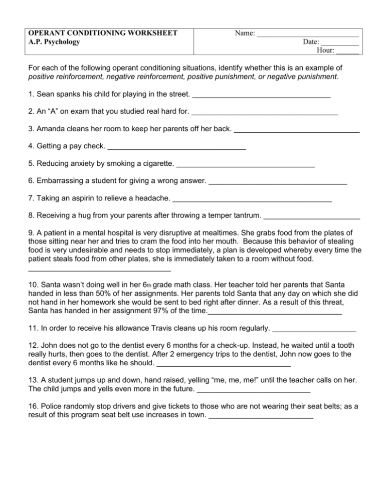 OPERANT CONDITIONING WORKSHEET
