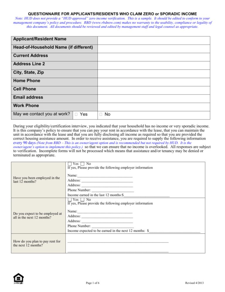 Zero Income Form