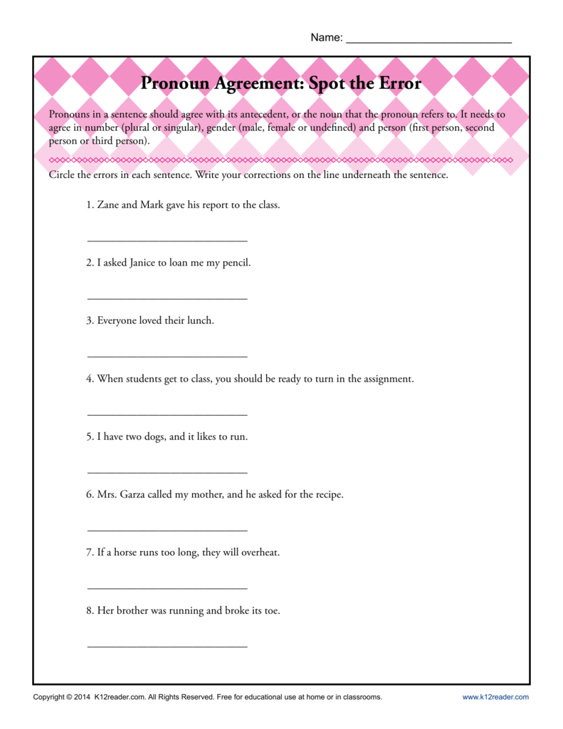 Pronoun Agreement Spot The Error Printable