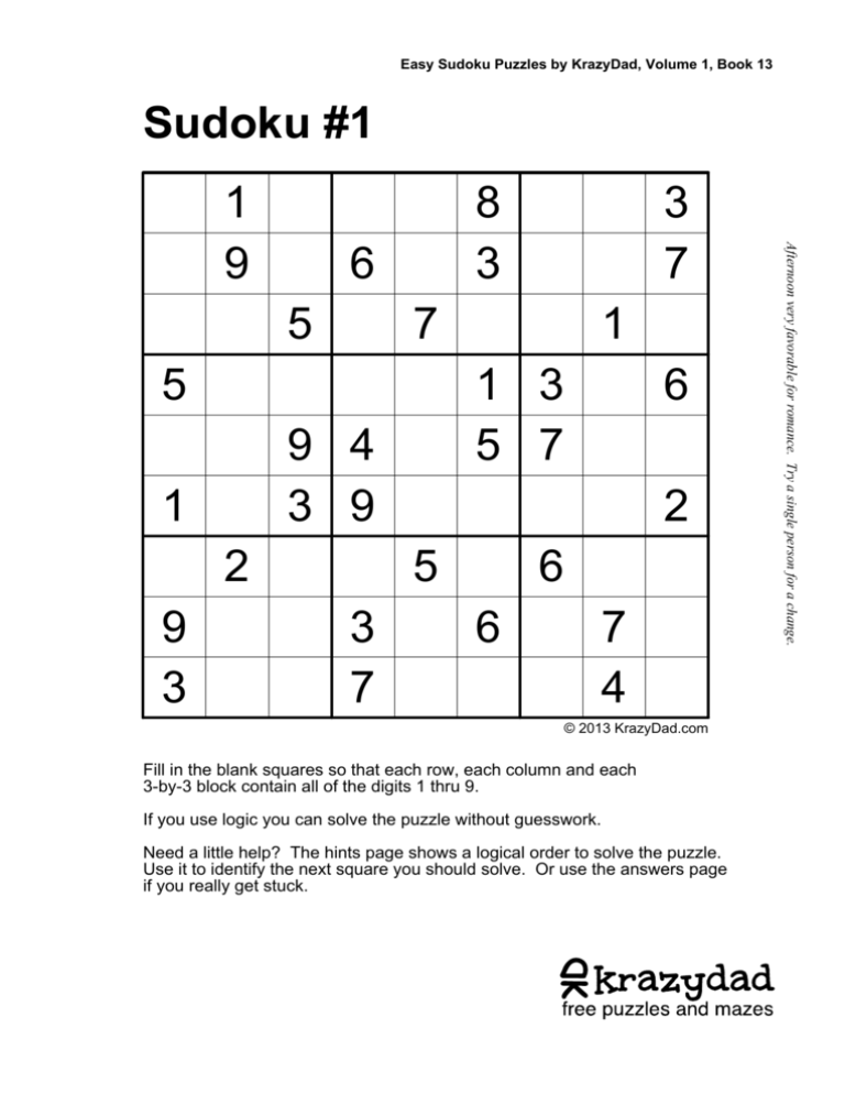 Easy Sudoku Puzzles By Krazydad Volume 1 Book 1 Answers