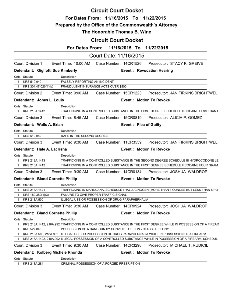 Circuit Court Docket Week Of November 16