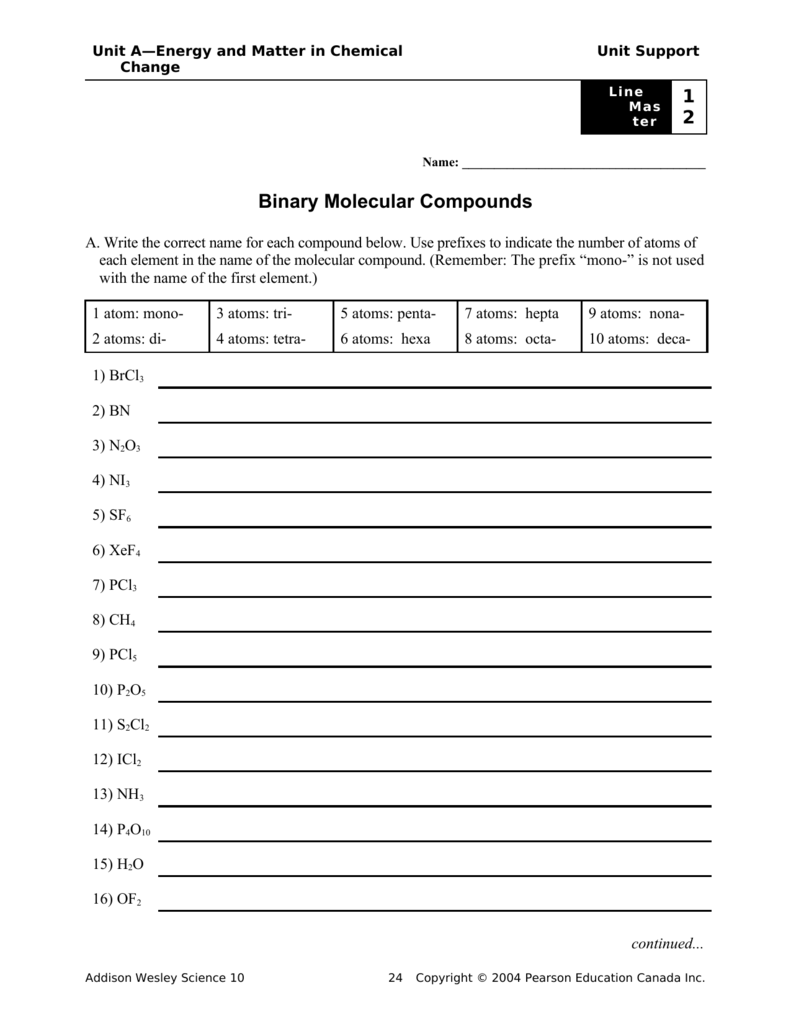 Chemistry A Study Of Matter Worksheet Molecular Compounds Answers