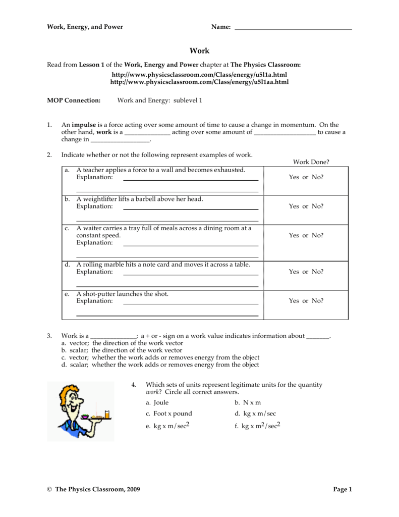 Work, Energy, and Power Name: © The Physics Classroom, 21 With Regard To Work Energy And Power Worksheet