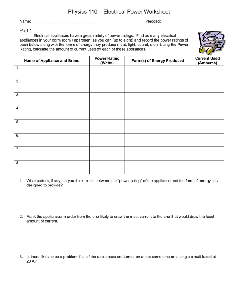 Physics 20 – Electrical Power Worksheet Pertaining To Electrical Power Worksheet Answers