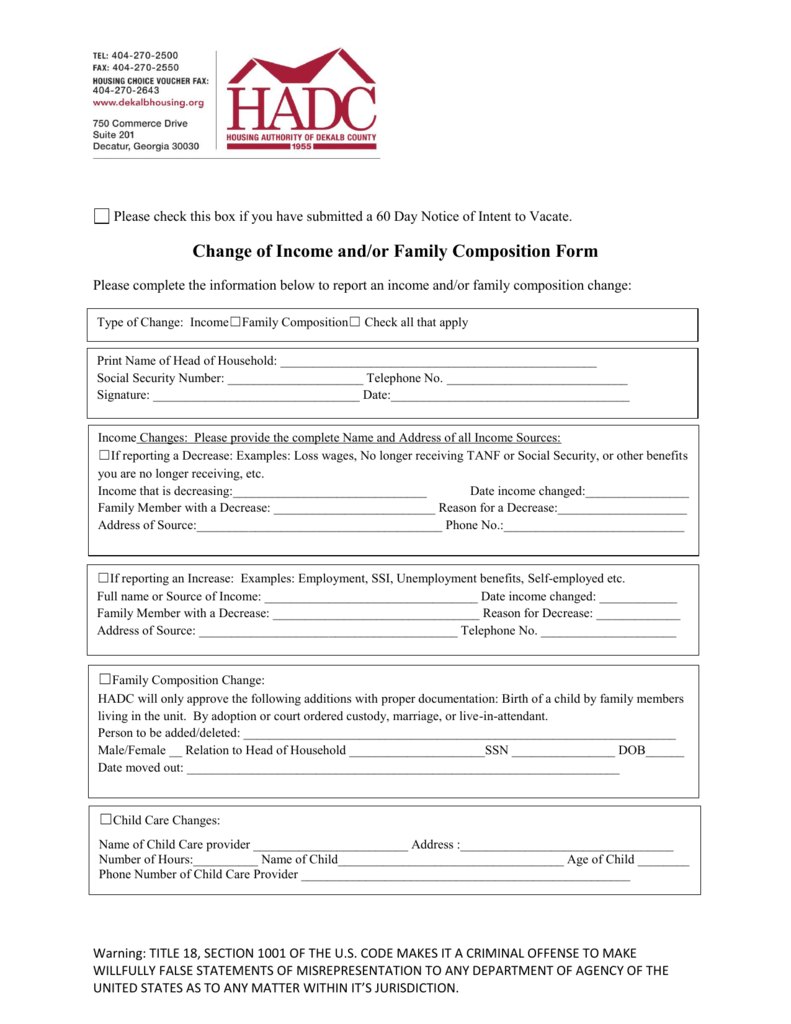 Change Of Income And or Family Composition Form