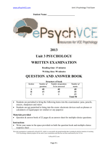 2013 Unit 3 PSYCHOLOGY WRITTEN EXAMINATION QUESTION
