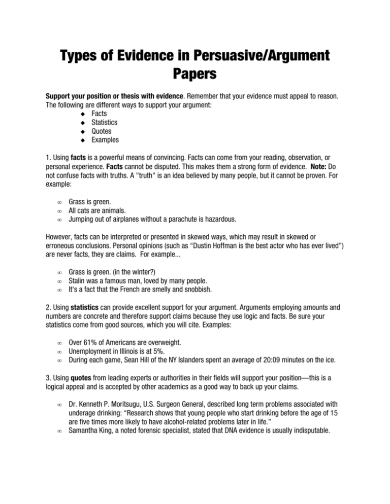 types of evidence in argumentative essays