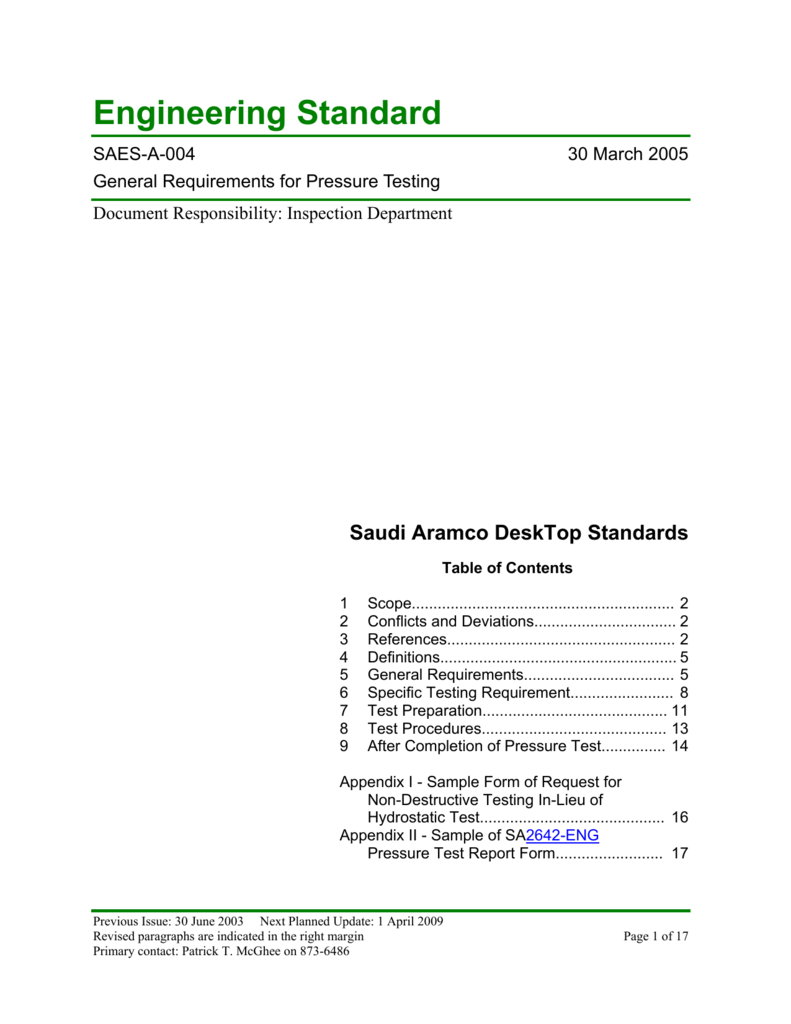 Saudi Aramco Engineering Standard Intended For Hydrostatic Pressure Test Report Template