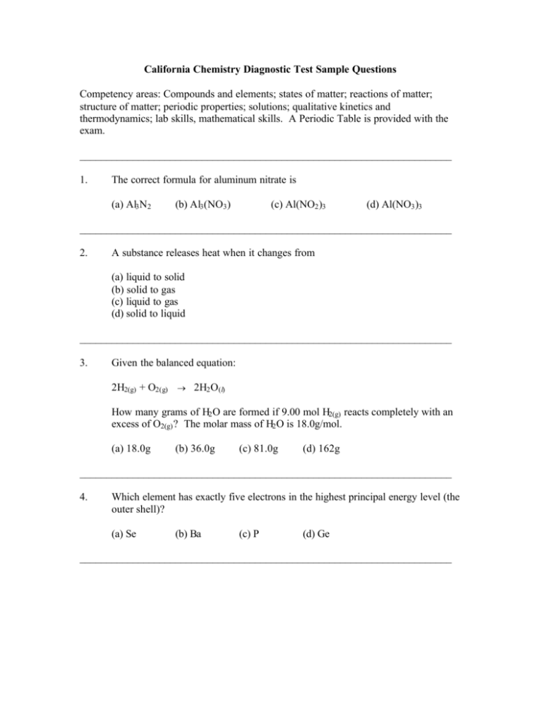 california-chemistry-diagnostic-test-sample-questions