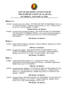 List of Decisions Released by the Alabama Supreme Court 1-15-16