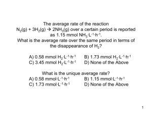 The average rate of the reaction N (g) + 3H (g) → 2NH (g) over a