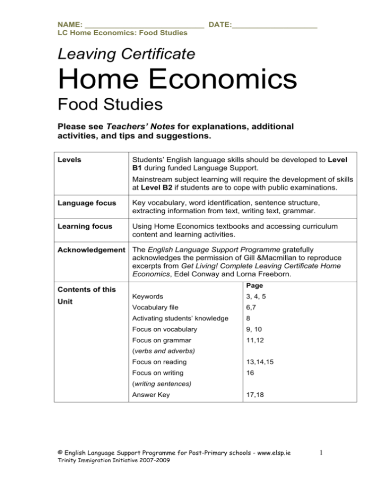 leaving certificate home economics assignments 2024