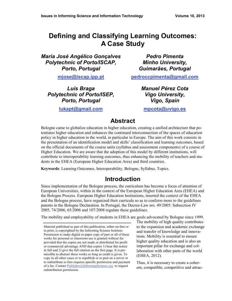 learning outcomes of case study