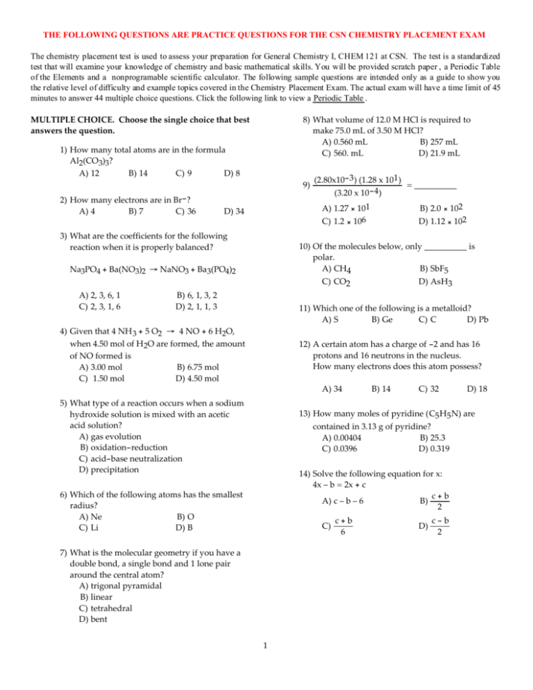 chemistry-placement-test