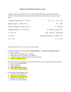 CHEM 101 WINTER 09-10 FINAL EXAM On the answer sheet
